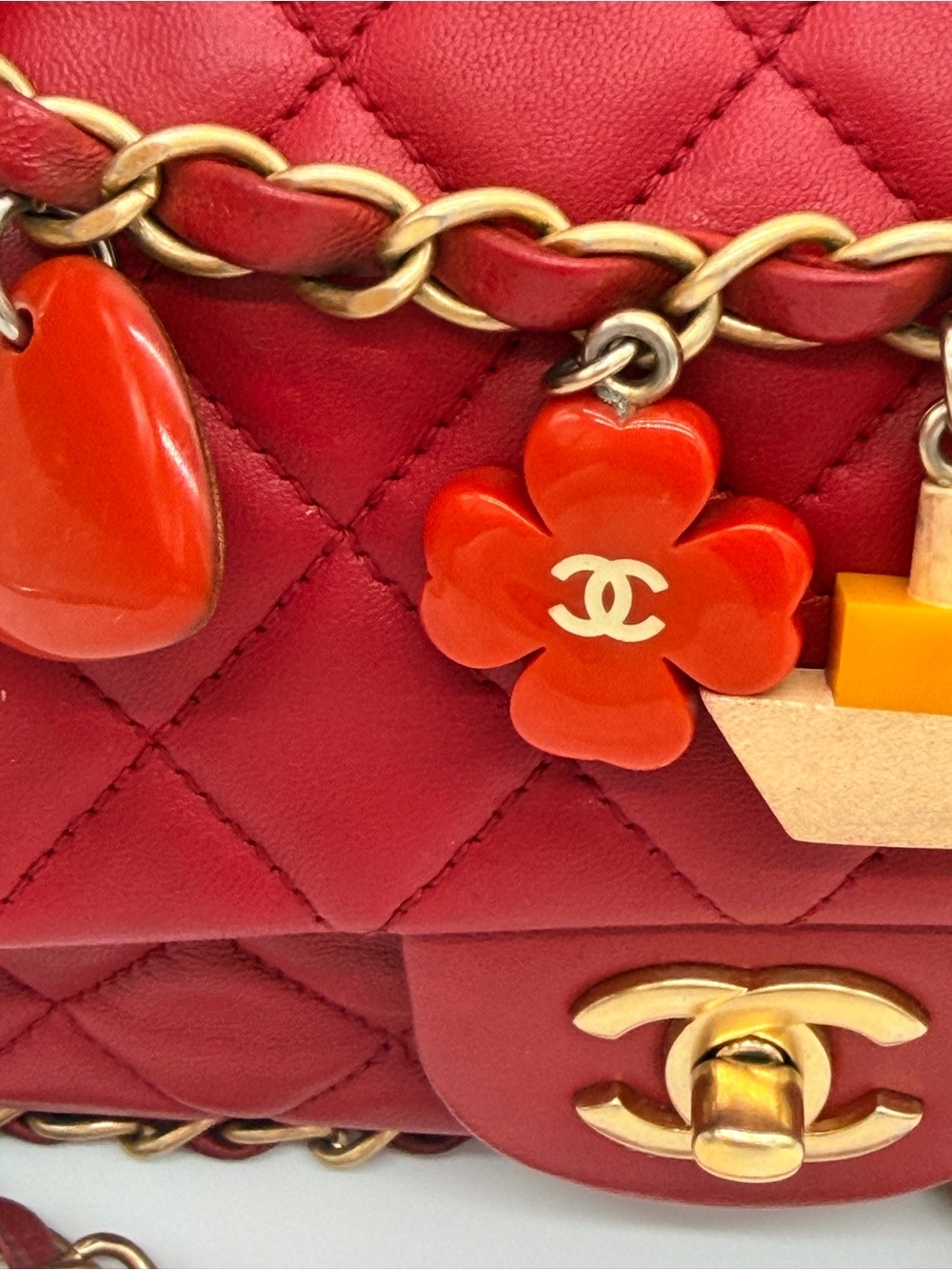 CHANEL Red Quilted Leather Shoulder Bag with Charm Chain COA READY - Picture 3 of 16